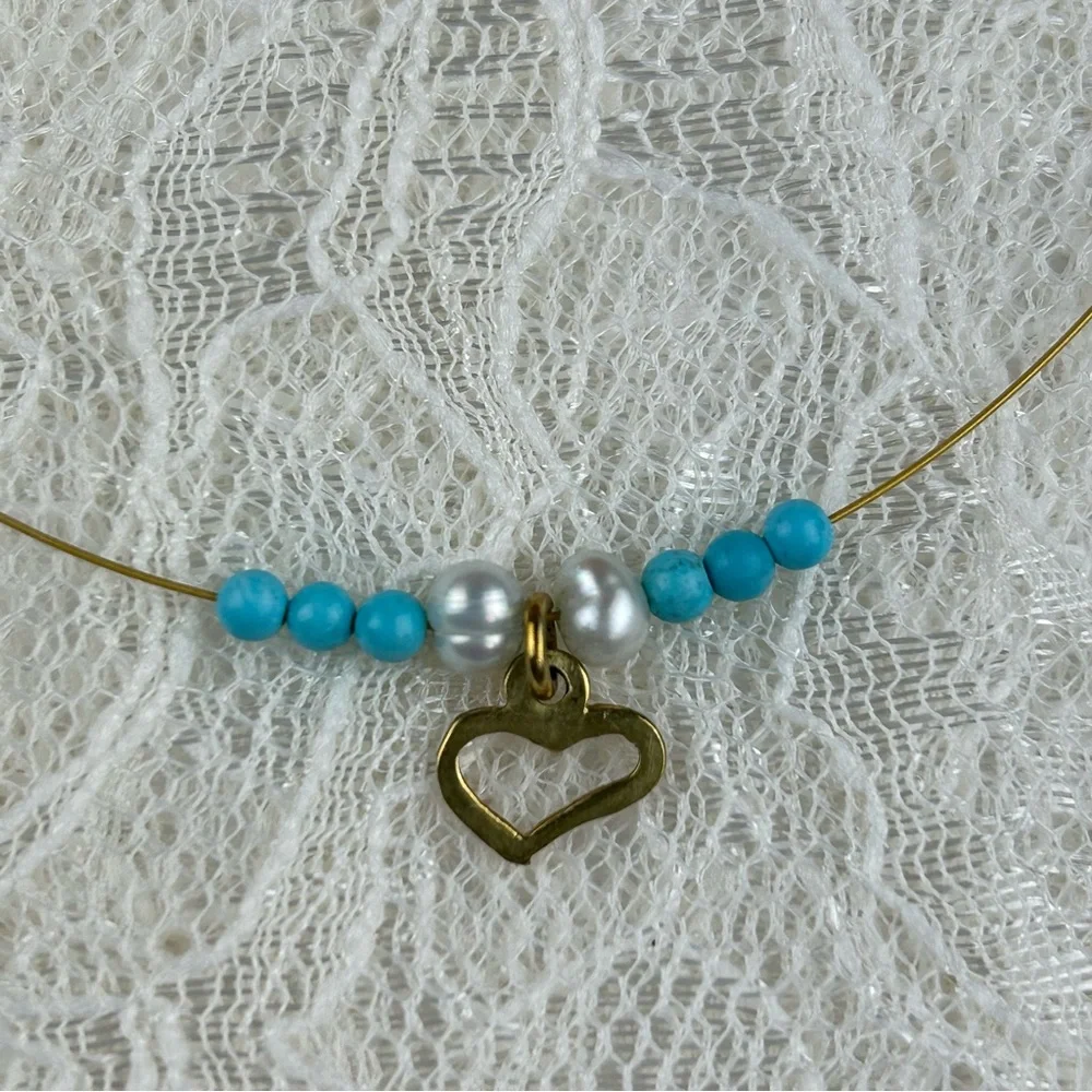 Gold Plated 925 Sterling Silver Heart Necklace w Genuine Turquoise Beads Pearls - Picture 8 of 13